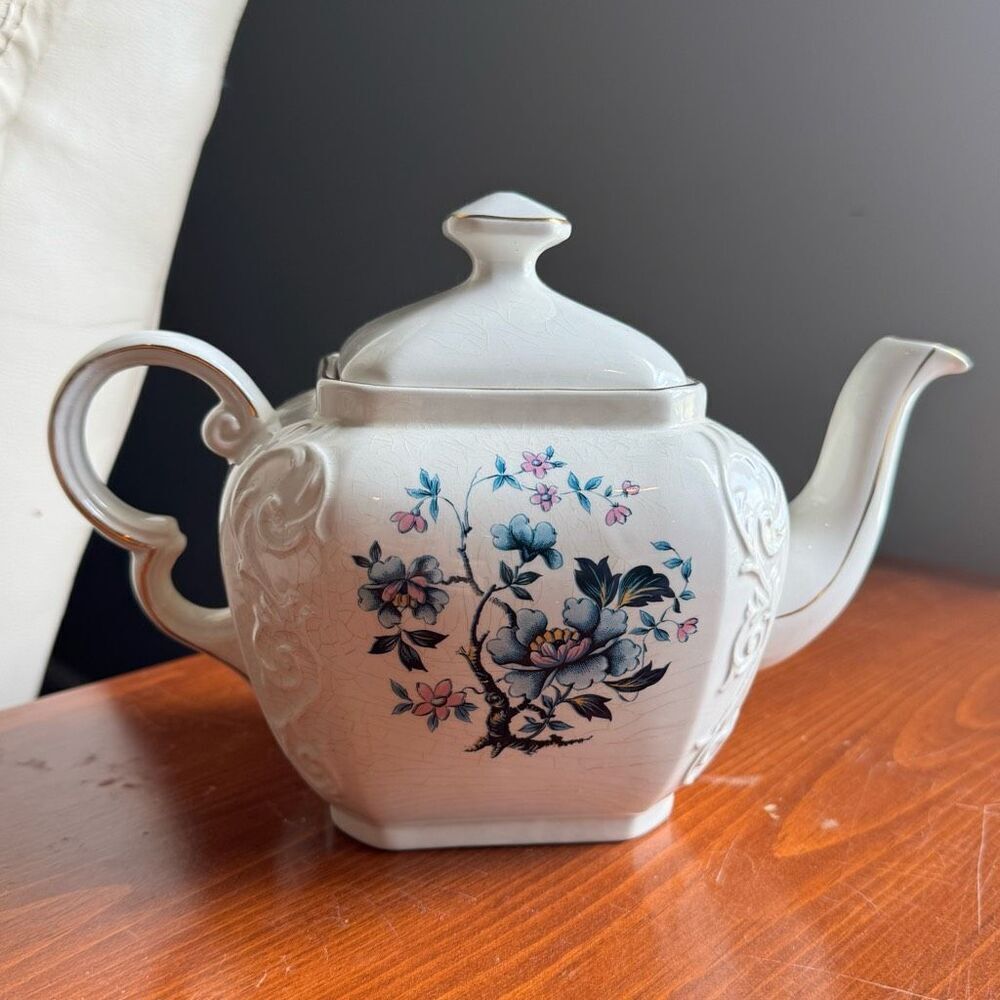 Vintage Wood & Sons England Teapot White Ironstone Blue Pink Flowers Gold Trim